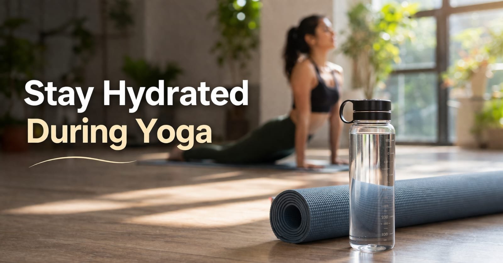 Water bottle next to yoga mat with Indian girl practicing blurred, text overlay: 'Stay Hydrated During Yoga