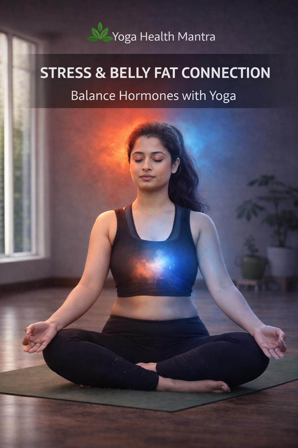 Woman practicing meditation showing stress and belly fat connection with calming breath and cortisol control