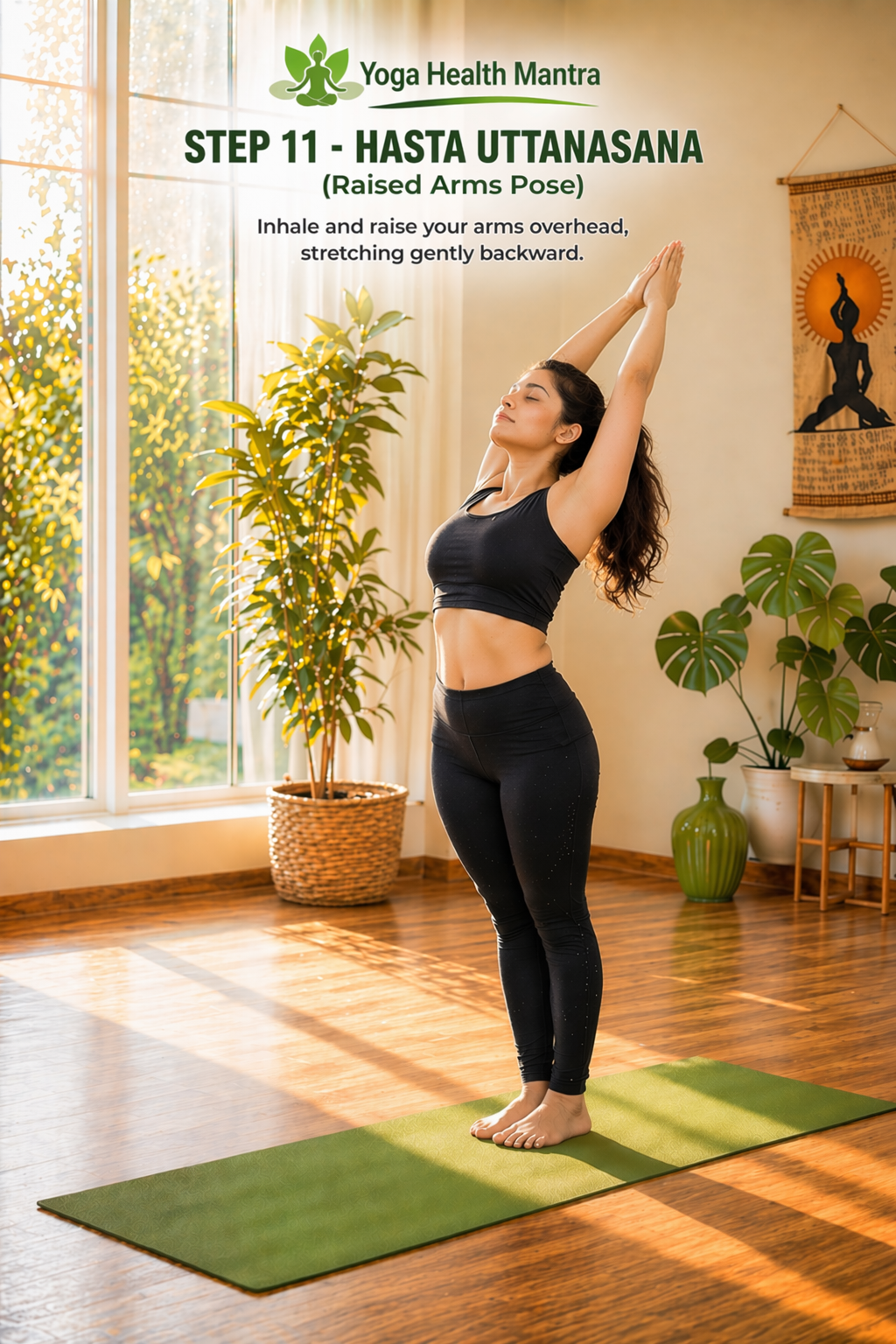 woman performing raised arms yoga pose stretching upward