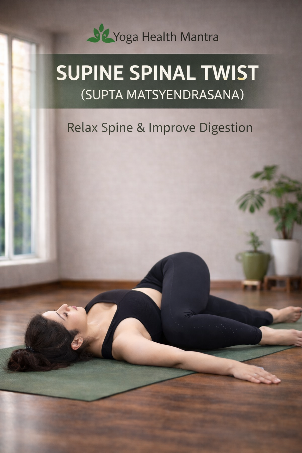 Woman lying in spinal twist yoga pose for relaxation and digestive health