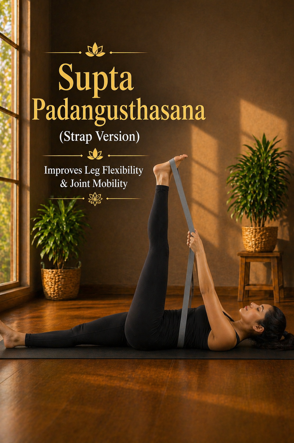 Supta Padangusthasana with yoga strap in indoor yoga studio for improving leg flexibility and joint mobility
