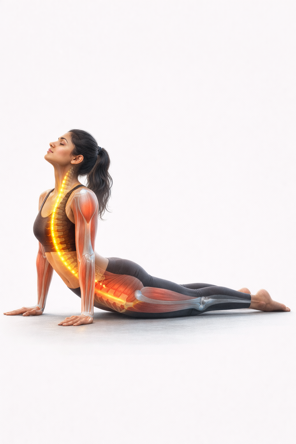 Surya Namaskar cobra pose showing muscle activation and spine flexibility anatomy