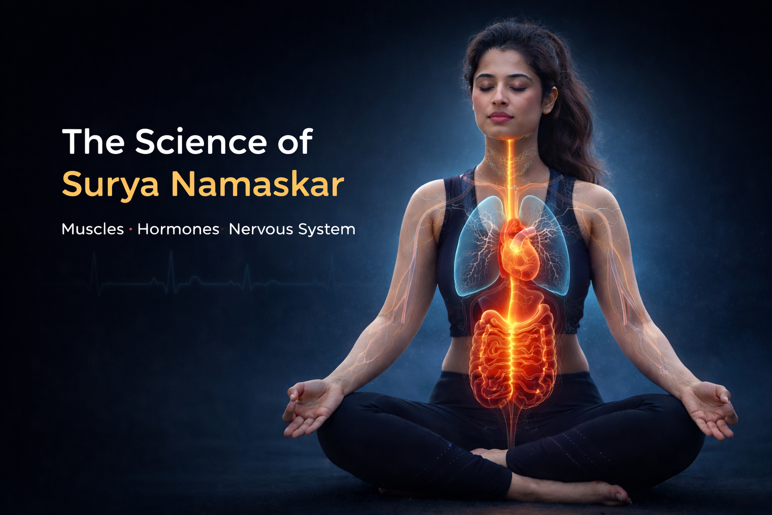 Indian woman in Padmasana showing internal anatomy with brain, lungs, heart and digestive system highlighting science of Surya Namaskar