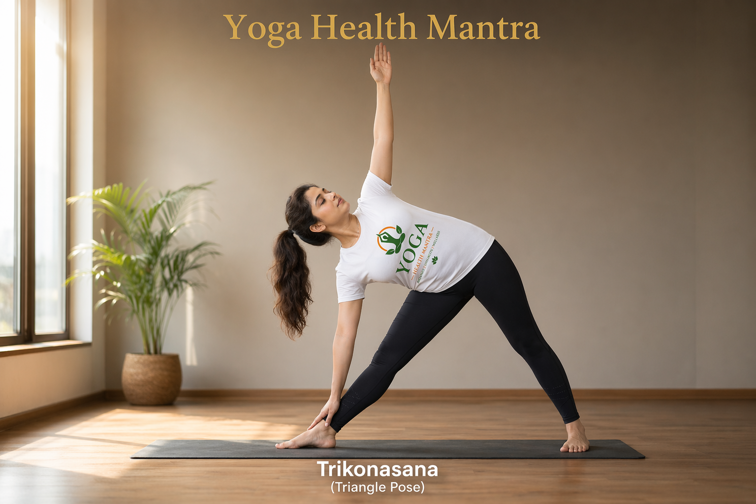 Trikonasana triangle yoga pose stretching abdominal area and improving balance