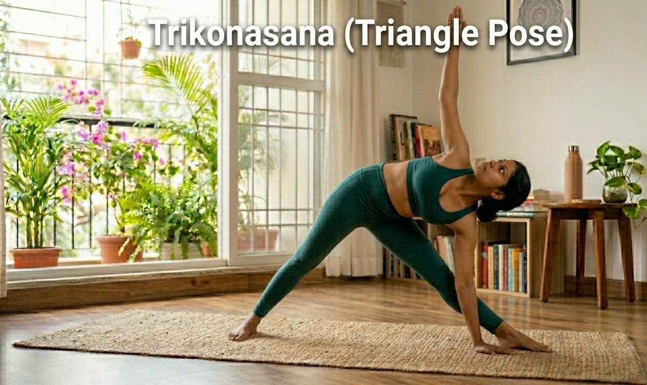 Woman performing Trikonasana Triangle Pose full body stretch