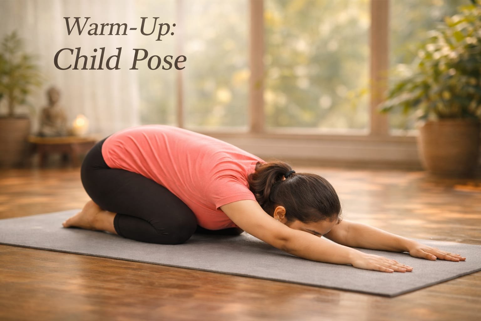 Indian girl practicing Child Pose on yoga mat, indoor cozy environment, text overlay: 'Warm-Up: Child Pose