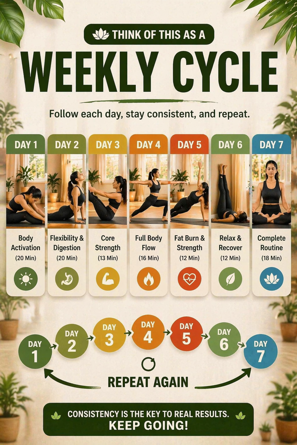 7 day yoga plan weekly cycle repeat routine for weight loss at home