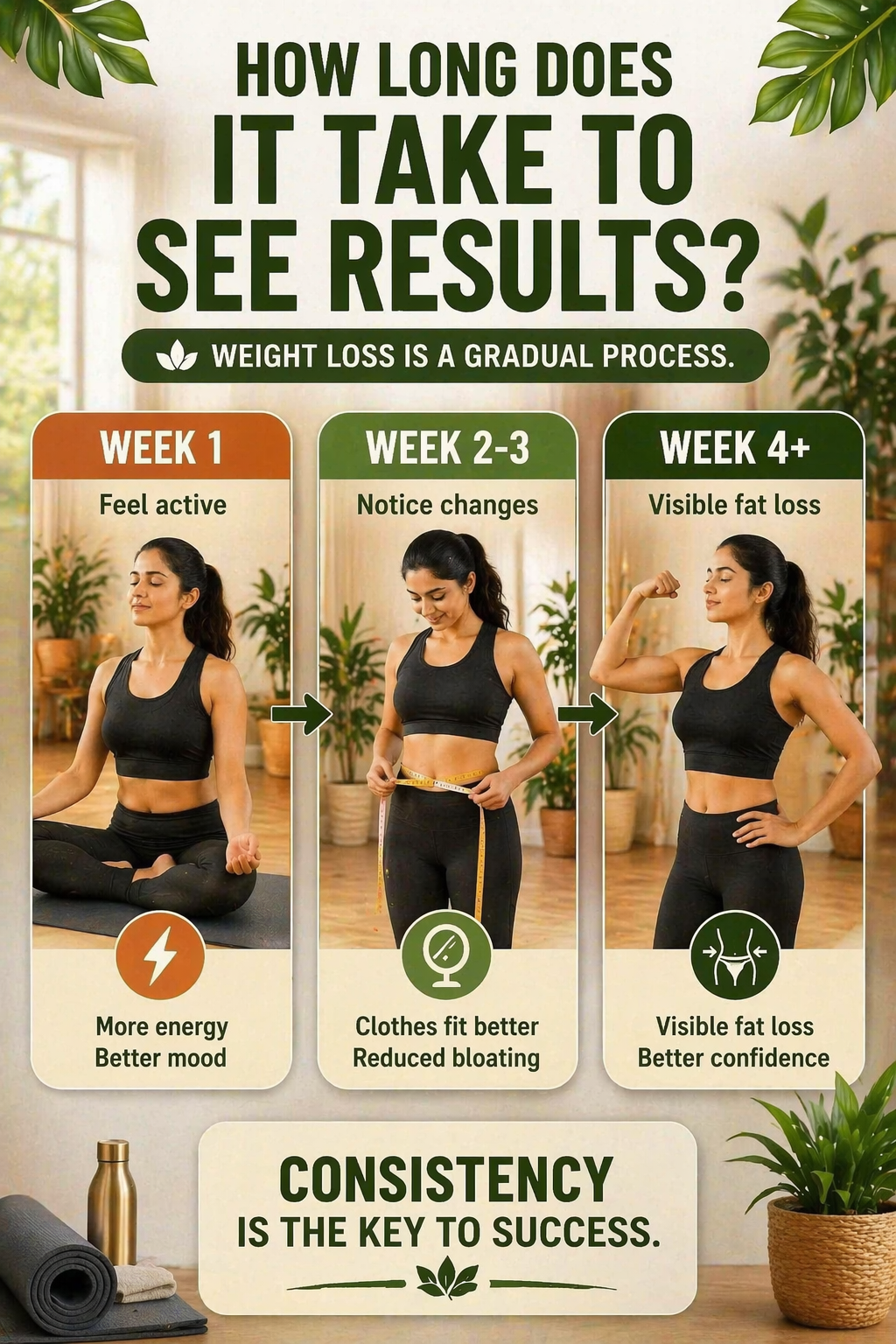 yoga weight loss progress timeline week 1 week 2 week 4 visible fat loss