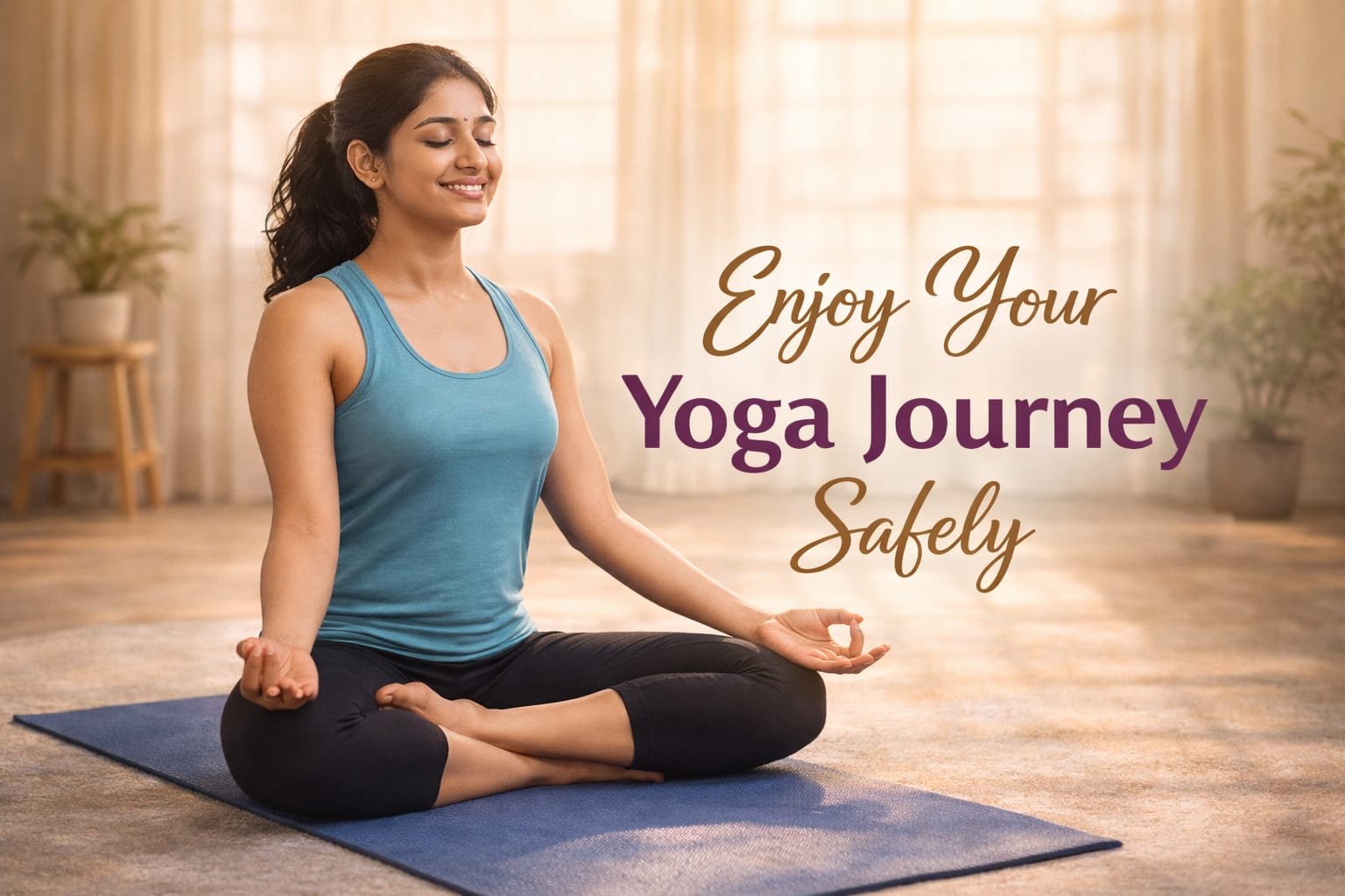 Happy Indian girl in final yoga pose, soft warm sunlight, text overlay: 'Enjoy Your Yoga Journey Safely