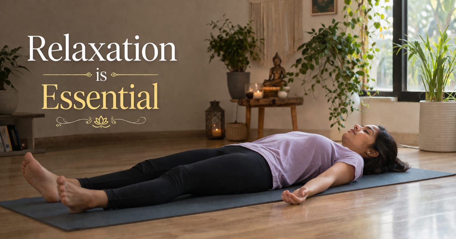 Indian girl in Savasana pose on yoga mat, peaceful indoor setting, text overlay: 'Relaxation is