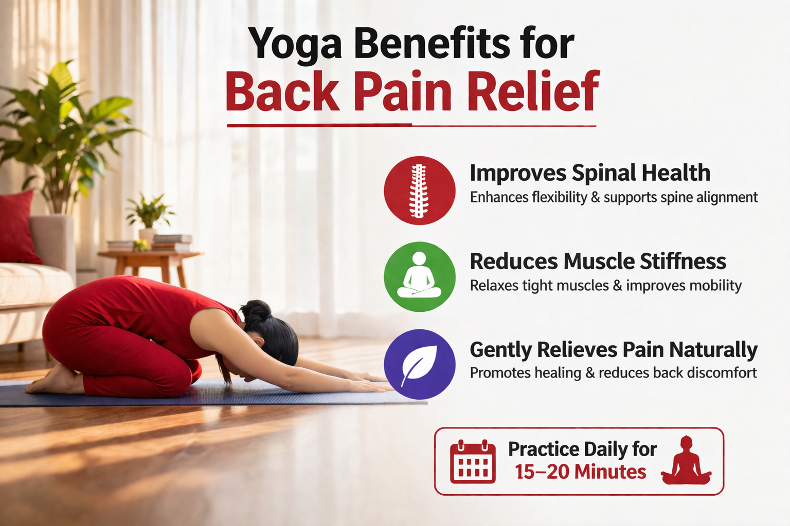 woman in red dress performing child's pose yoga showing benefits of yoga for back pain relief at home