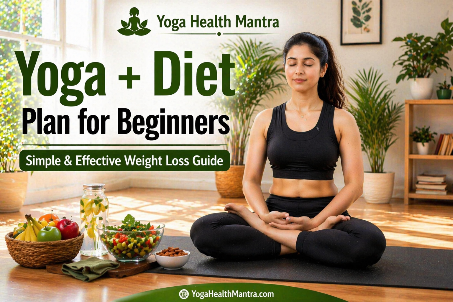 Indian woman practicing yoga at home with healthy diet setup for beginner weight loss plan including fruits and detox water