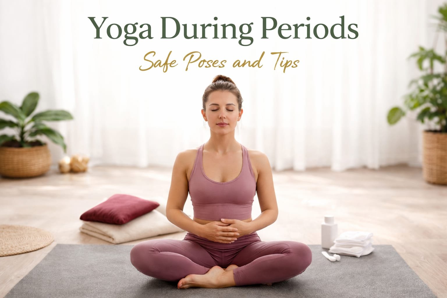 woman doing yoga during periods sitting in sukhasana pose for pain relief and relaxation