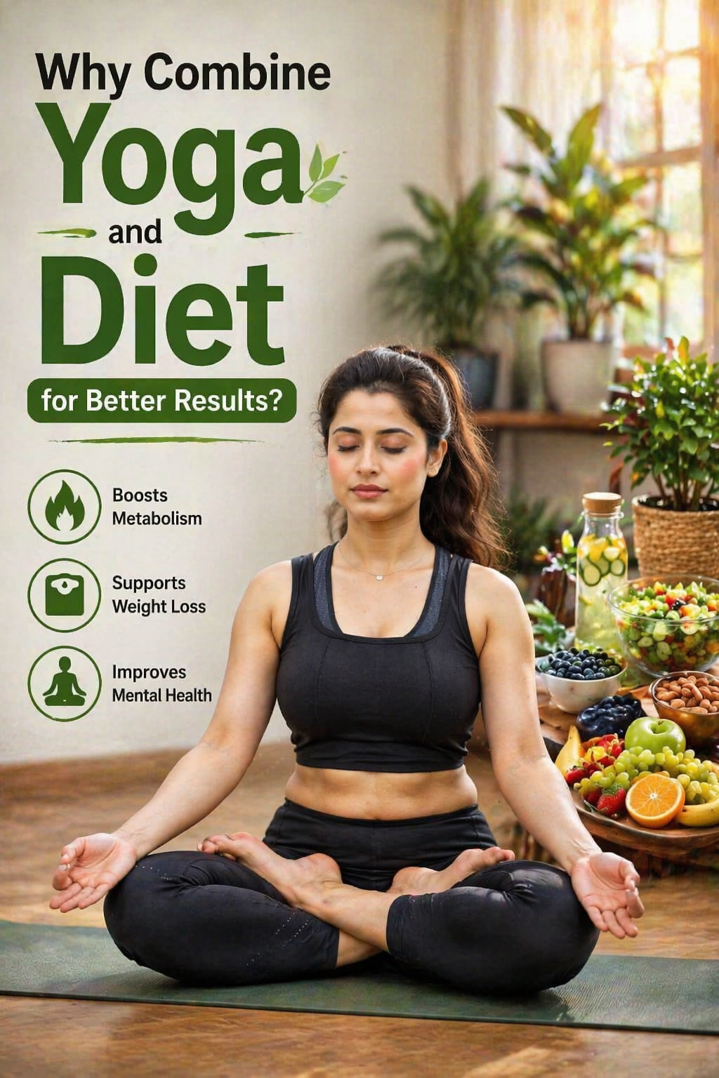 woman doing yoga with healthy food showing benefits of combining yoga and diet