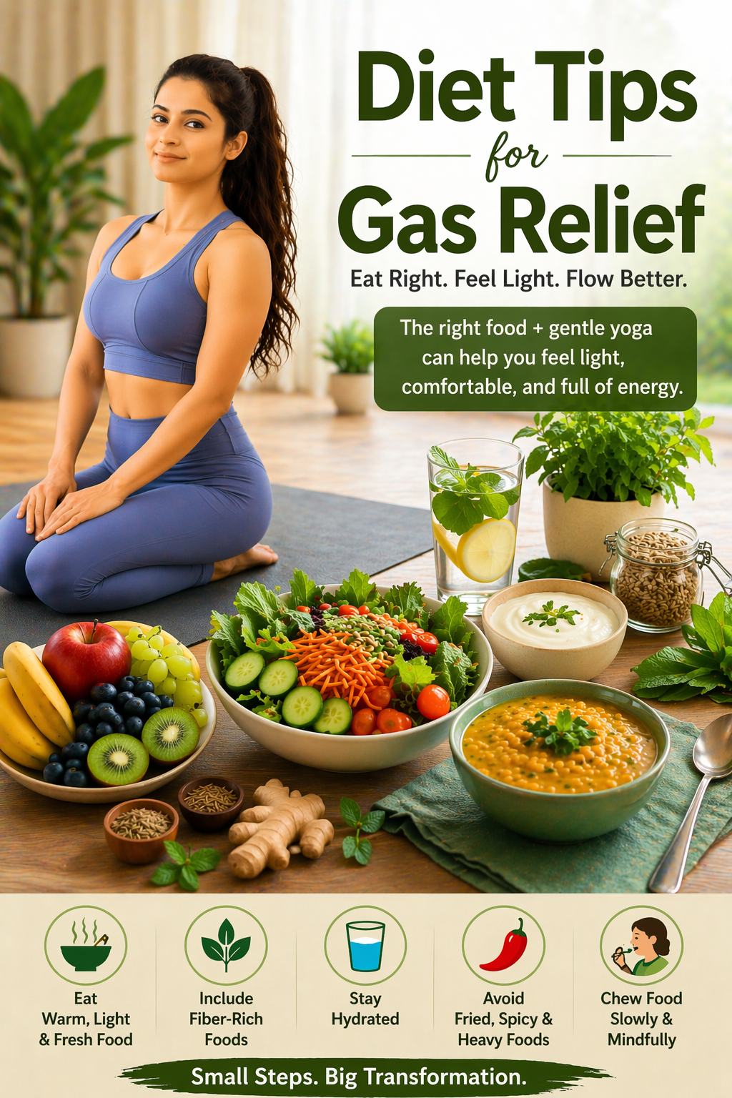 diet tips for gas relief infographic with healthy foods yoga lifestyle bloating and digestion improvement