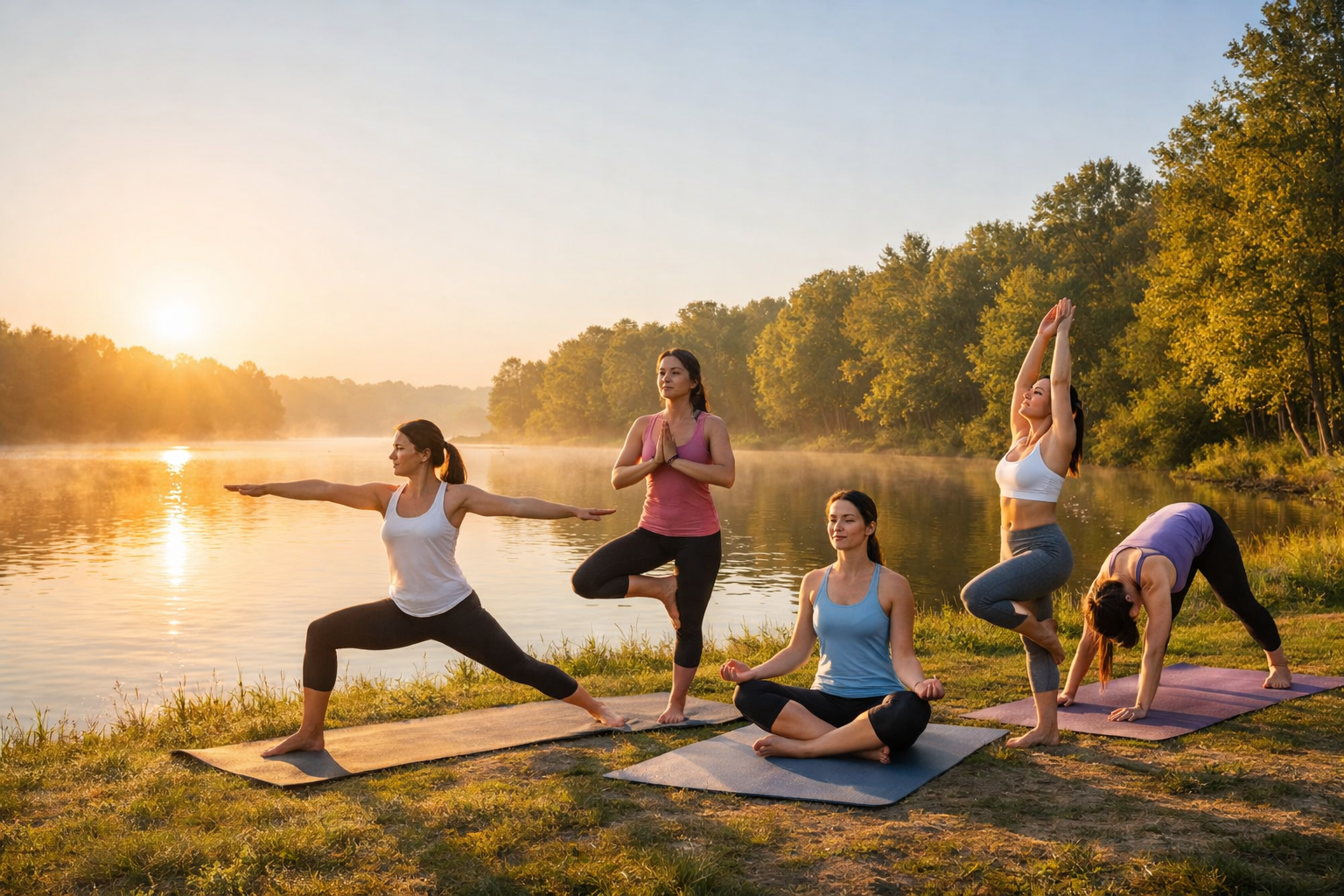 Yoga at sunrise by serene lake