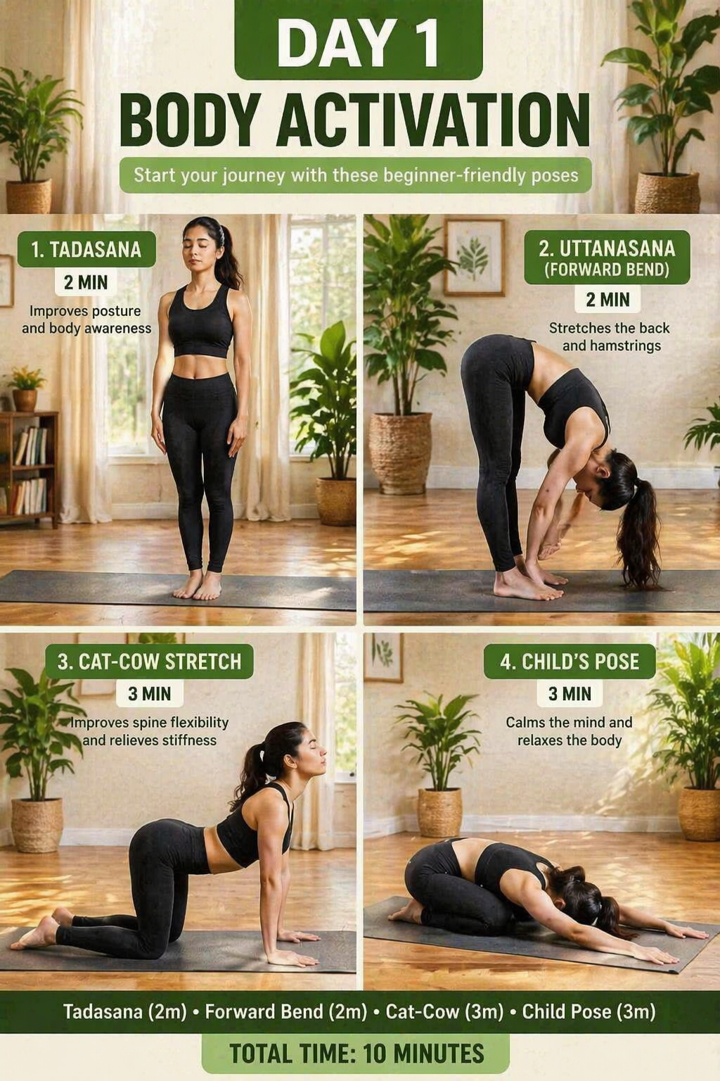 Indian woman doing Tadasana forward bend cat cow and child pose yoga