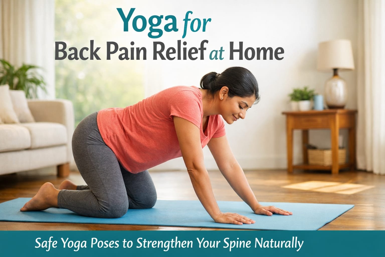 Indian woman practicing yoga for back pain relief at home in a bright living room environment