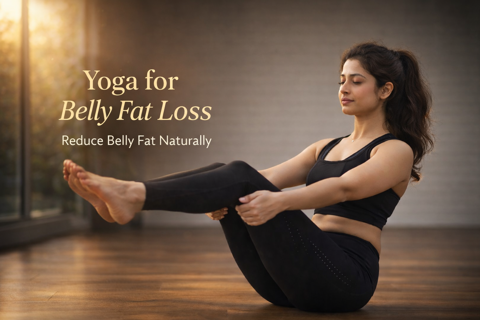 Indian woman performing Boat Pose yoga for belly fat loss in indoor studio with natural lighting