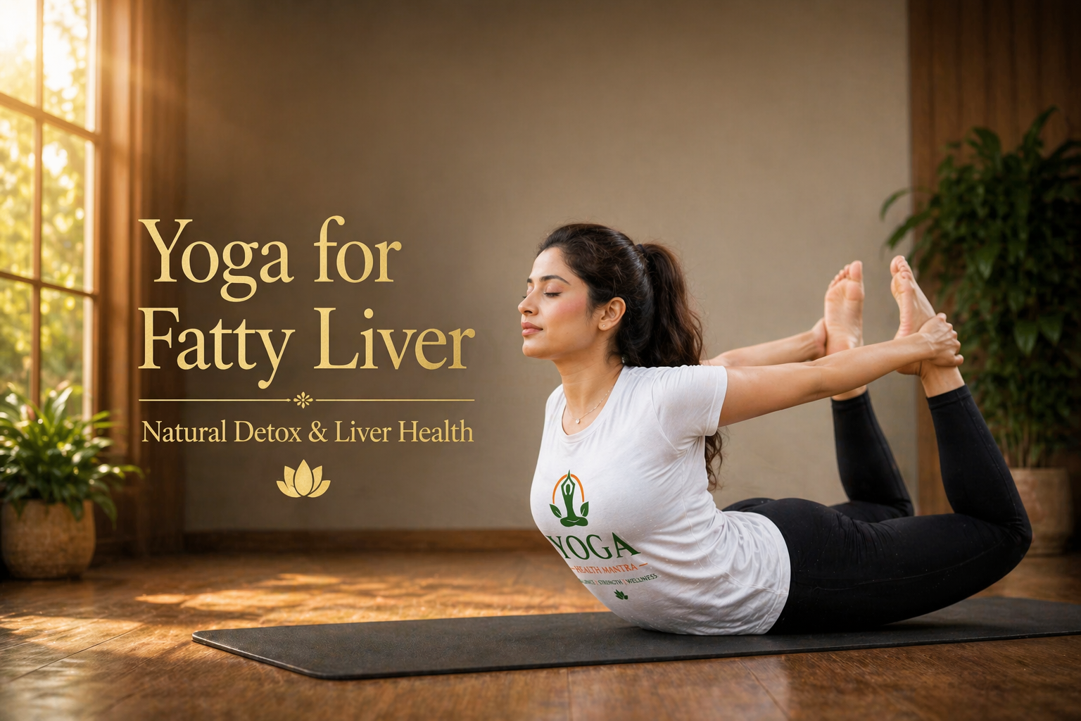 Person performing Dhanurasana (Bow Pose) in yoga studio for fatty liver and natural detox support