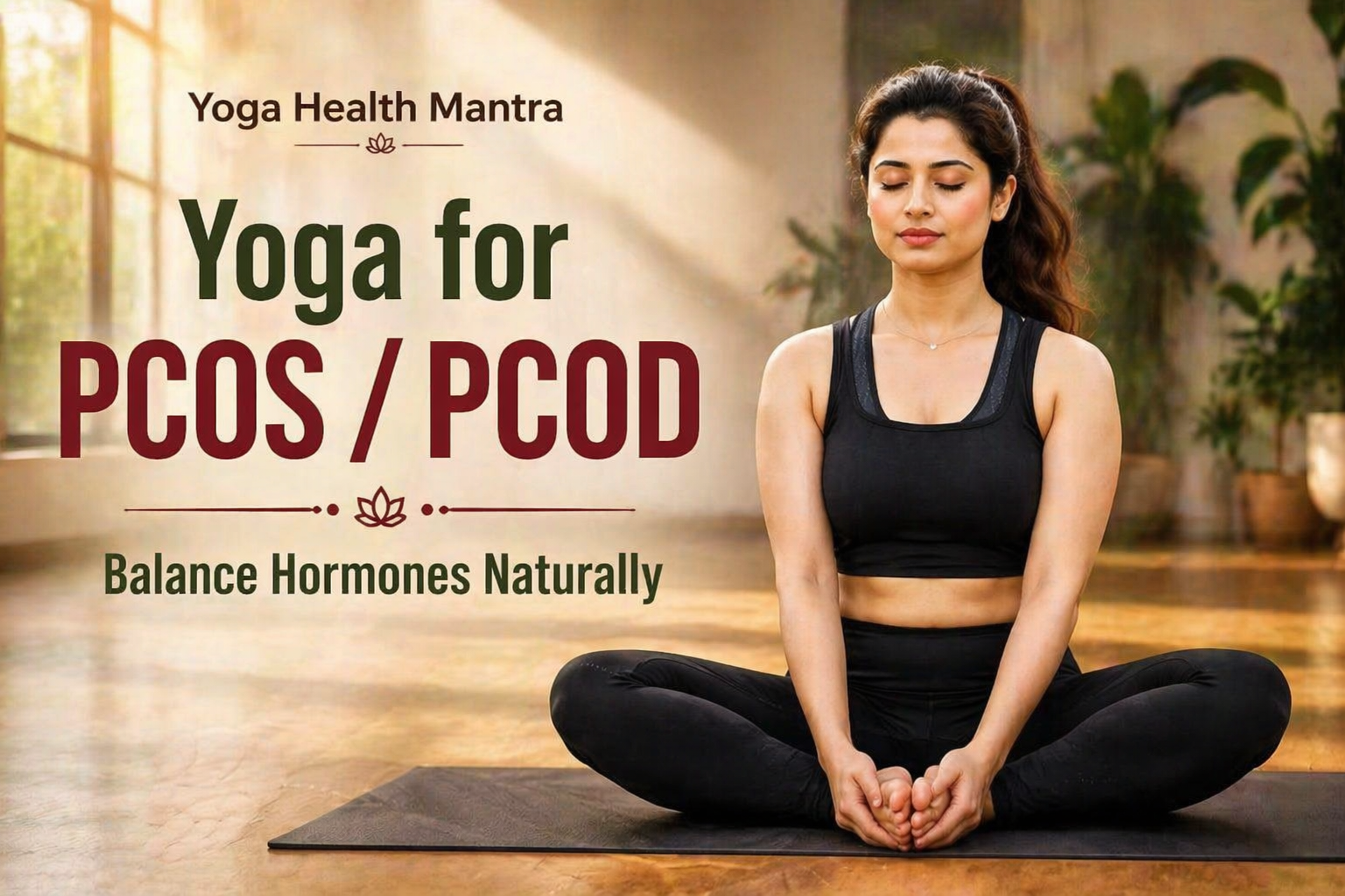 Indian woman doing Baddha Konasana yoga pose for PCOS and PCOD hormone balance in a calm yoga studio