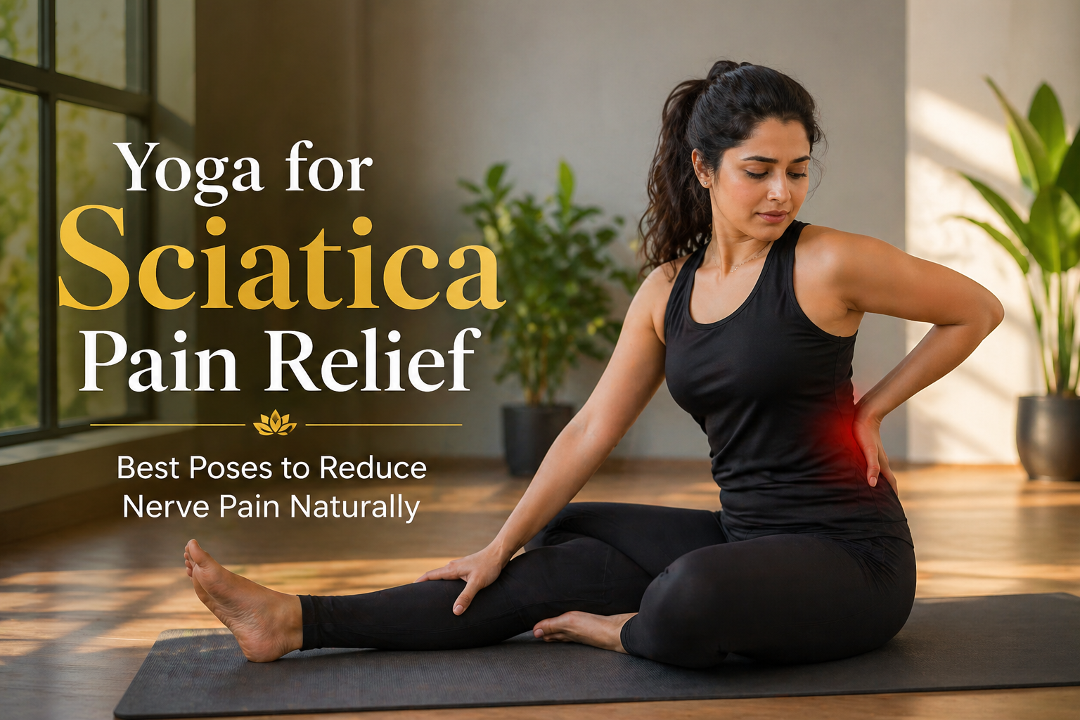 person practicing yoga for sciatica pain relief in indoor studio