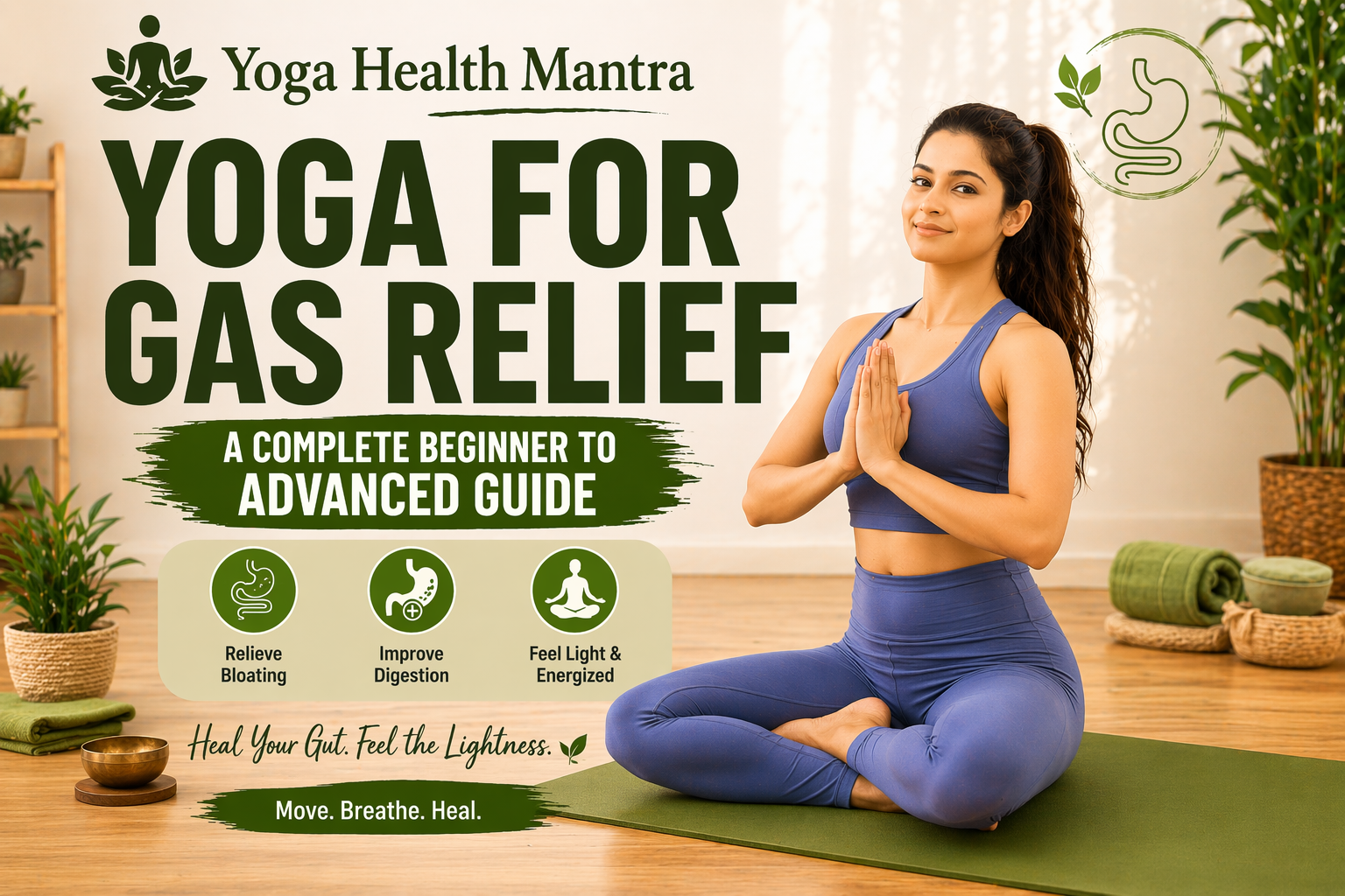 woman doing yoga for gas relief at home improving digestion and reducing bloating naturally