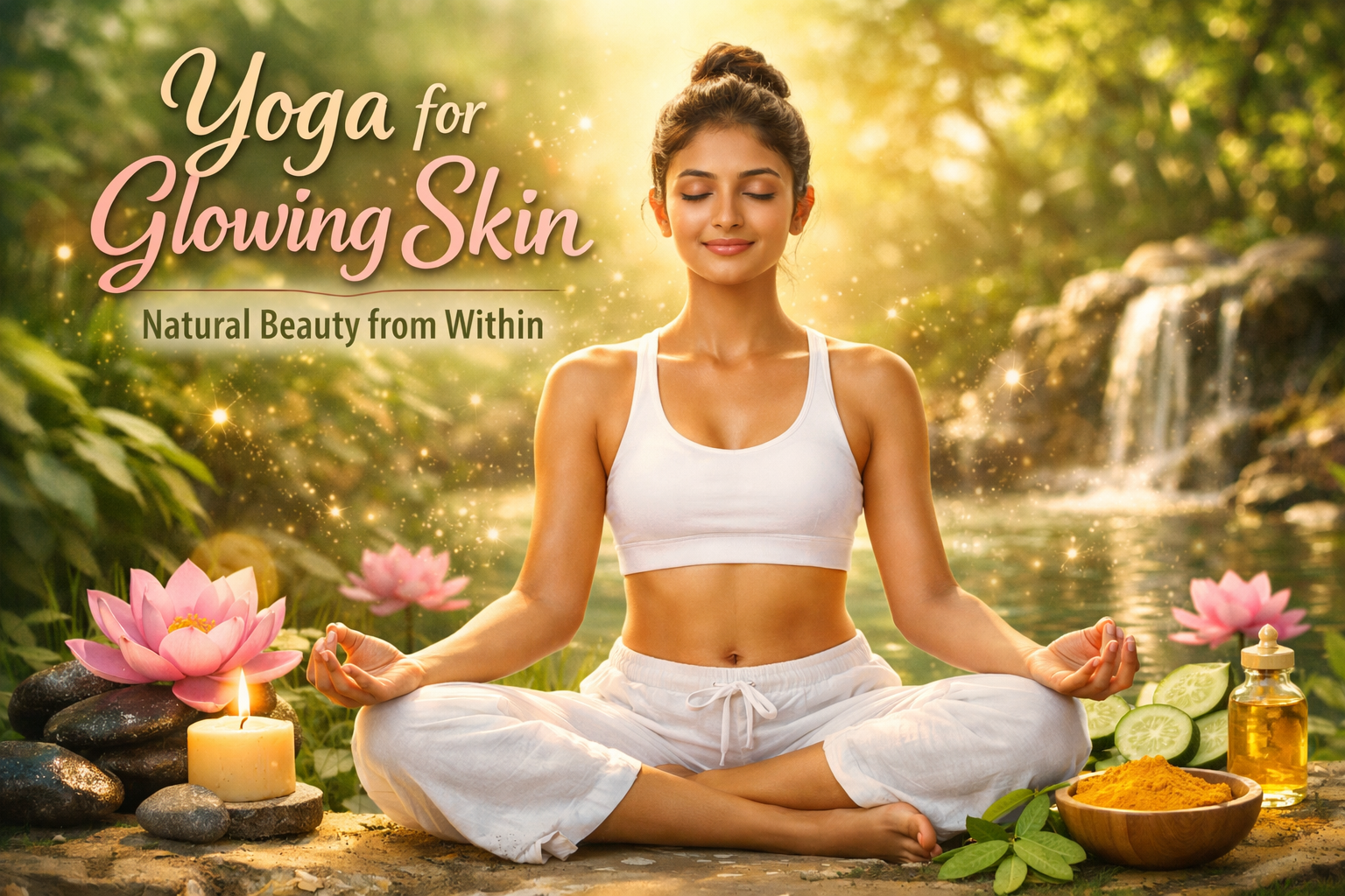 Woman practicing yoga for glowing skin in peaceful indoor setting