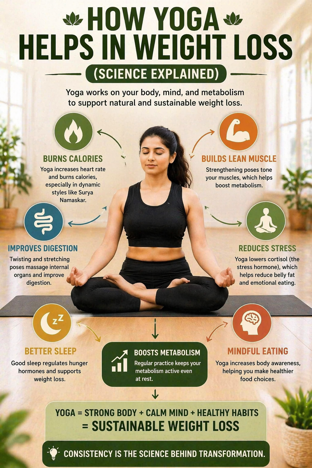 How yoga helps in weight loss by improving metabolism, reducing stress, and supporting digestion