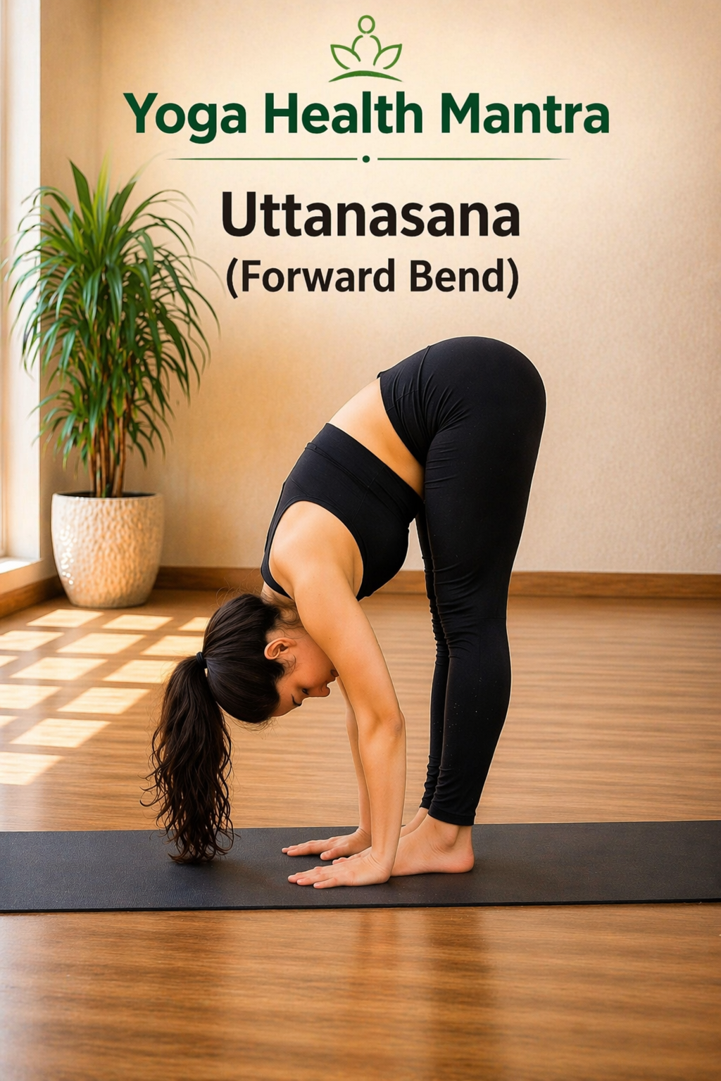 Woman performing Uttanasana forward bend yoga pose at home