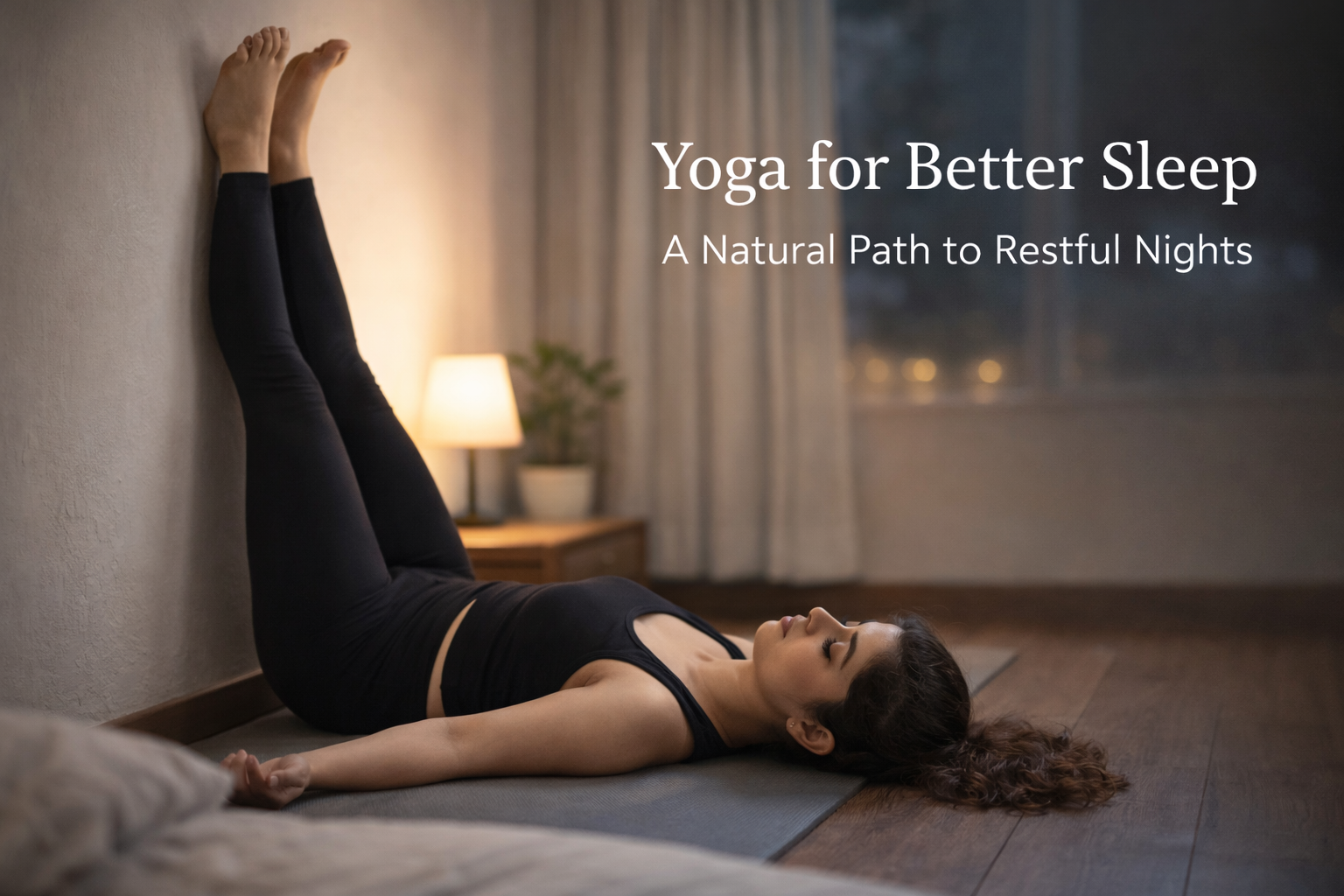 Indian woman practicing Viparita Karani legs up the wall yoga pose in a cozy bedroom for better sleep at night