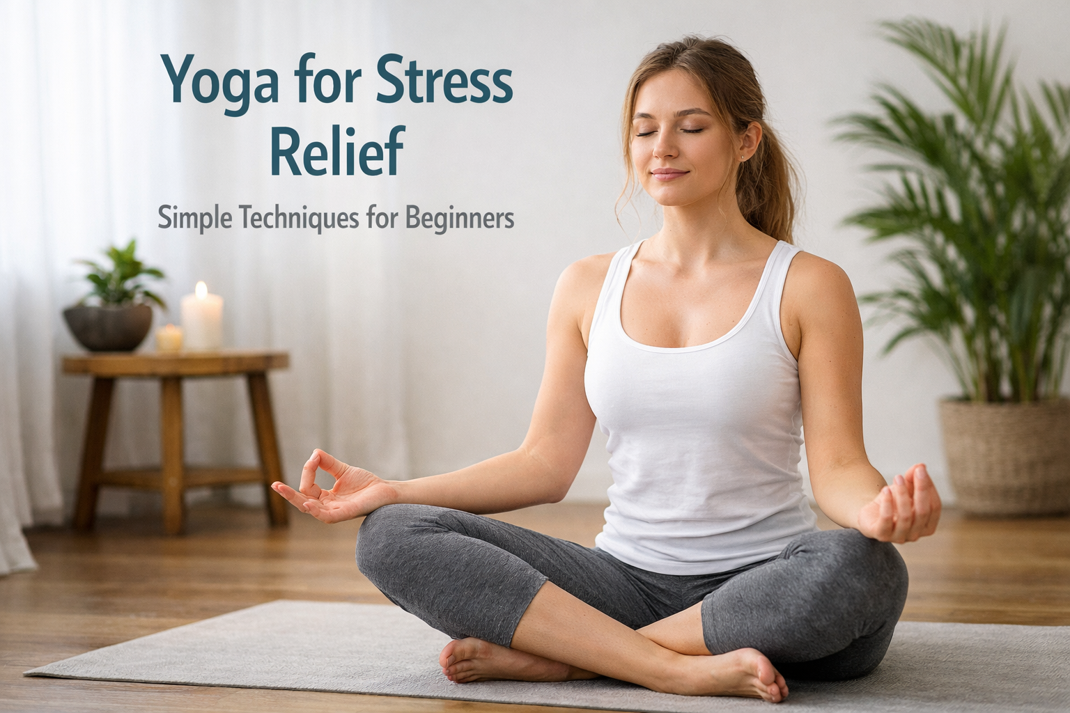 Young woman practicing yoga for stress relief in a bright, peaceful room with natural sunlight, focusing on relaxation and mindfulness