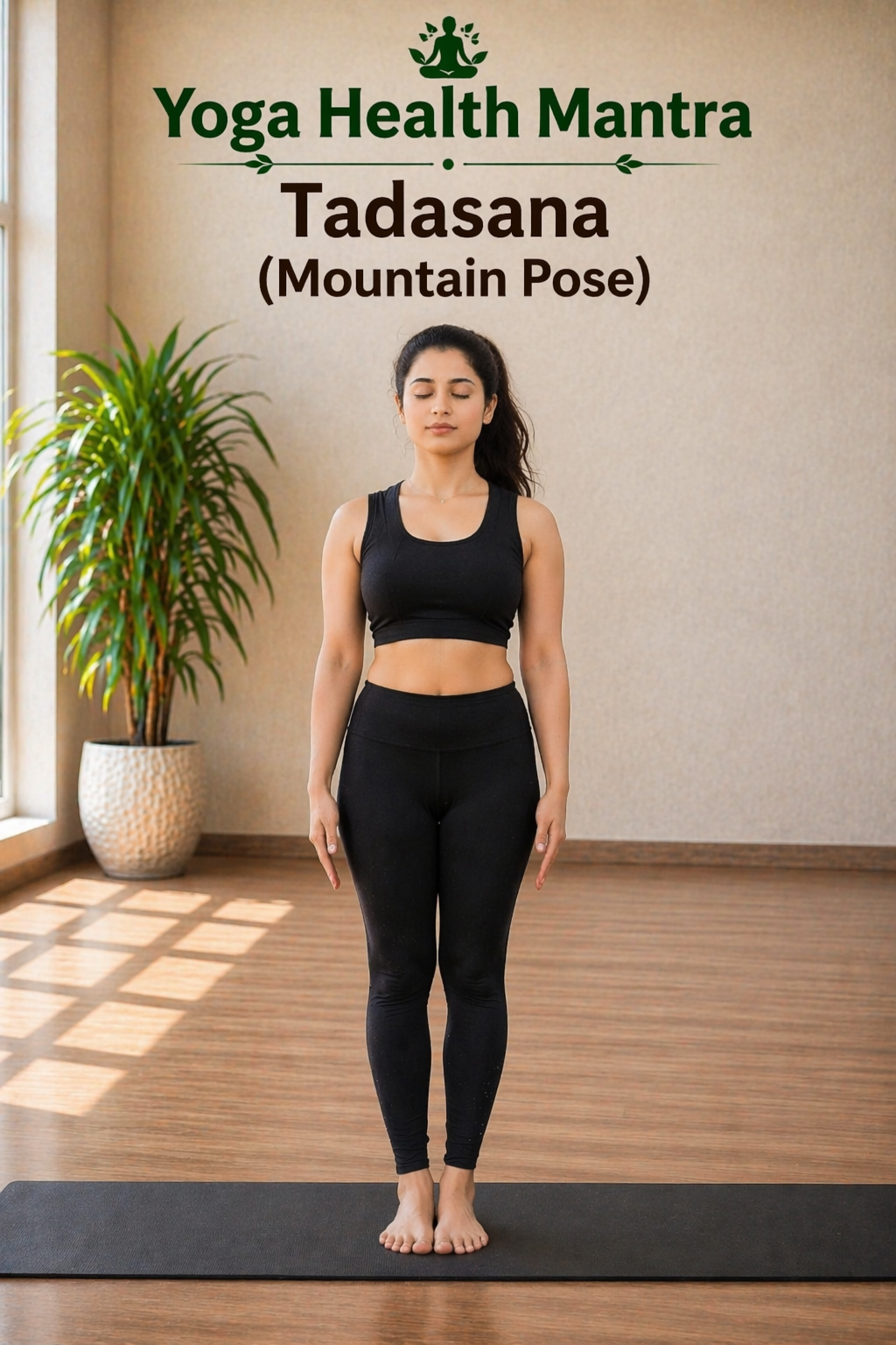 Woman standing in tadasana mountain pose yoga at home
