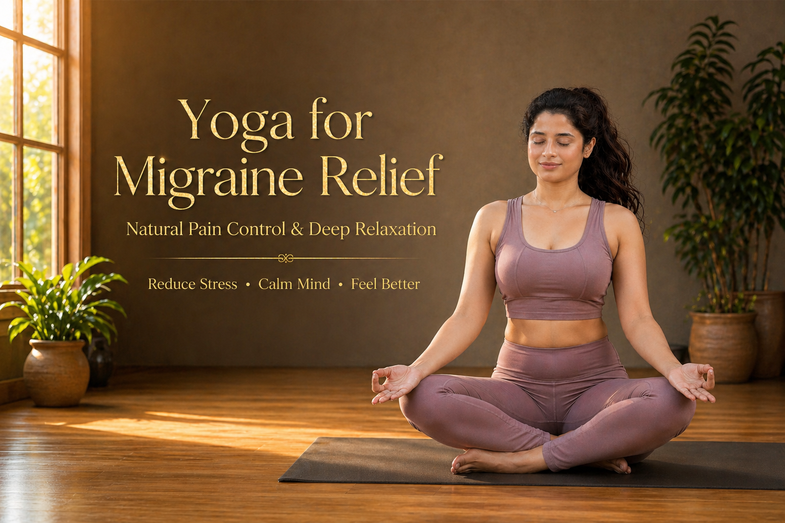 person practicing yoga pose for migraine relief in indoor studio to reduce headache and stress naturally