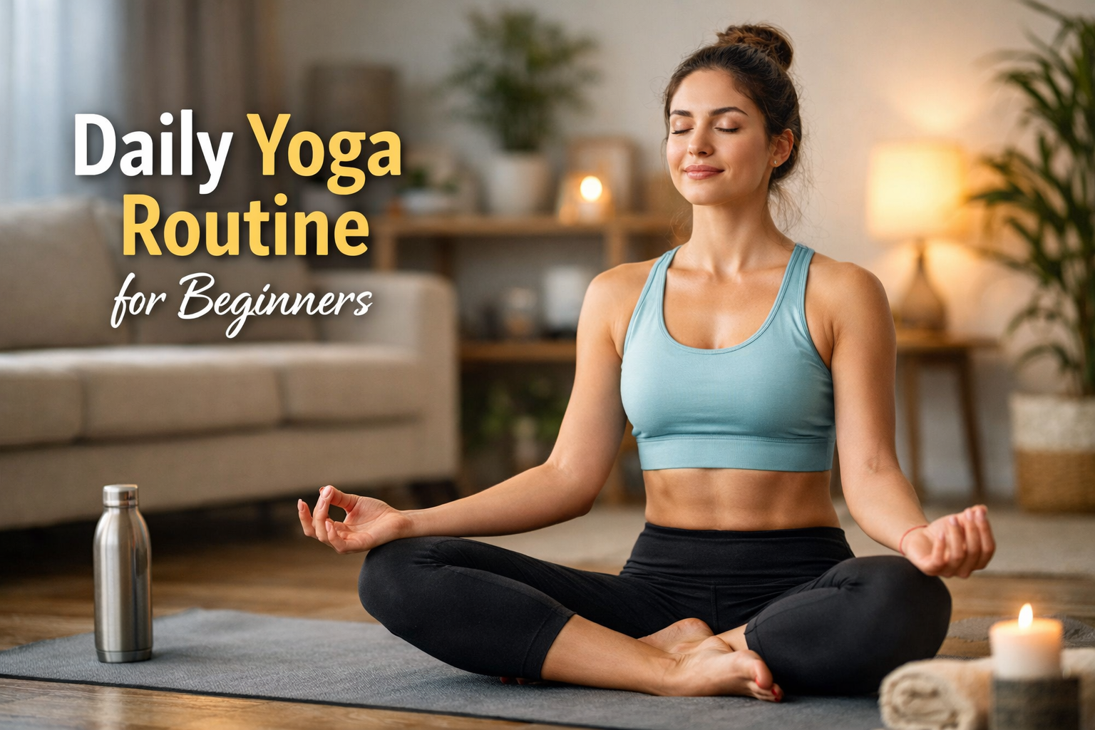 Young woman practicing daily yoga routine for beginners at home on a yoga mat