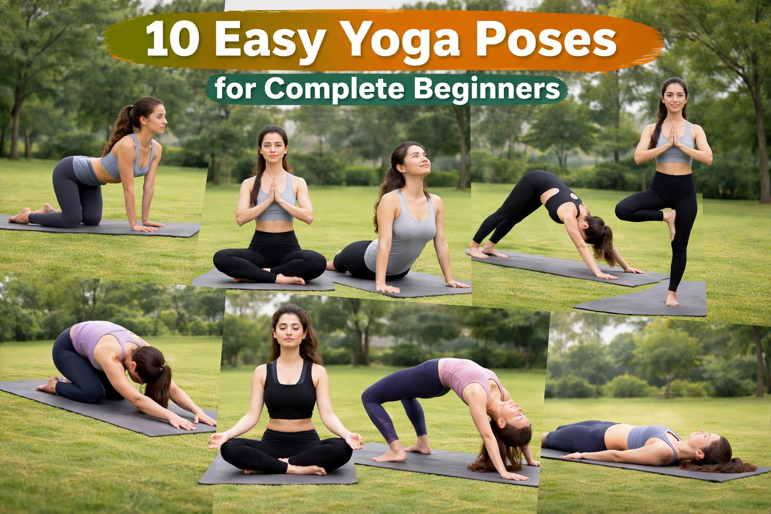 10 easy yoga poses for beginners demonstrated by women practicing yoga outdoors