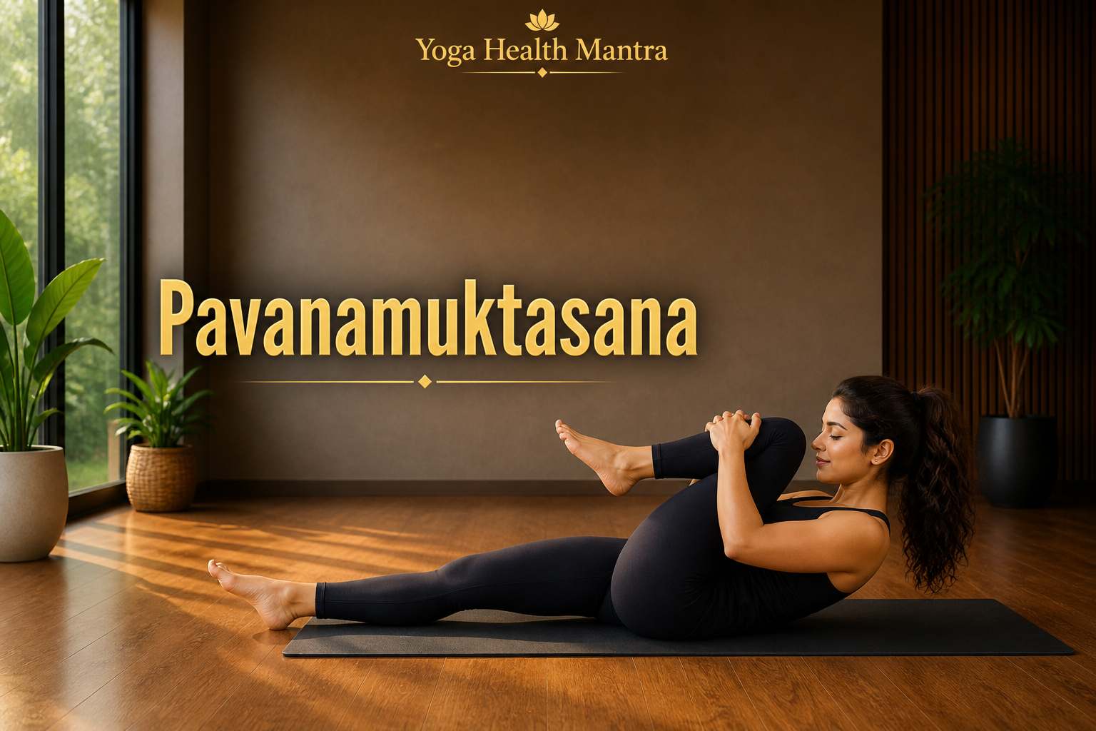 Pavanamuktasana yoga pose improving digestion and supporting hair growth naturally in indoor yoga studio