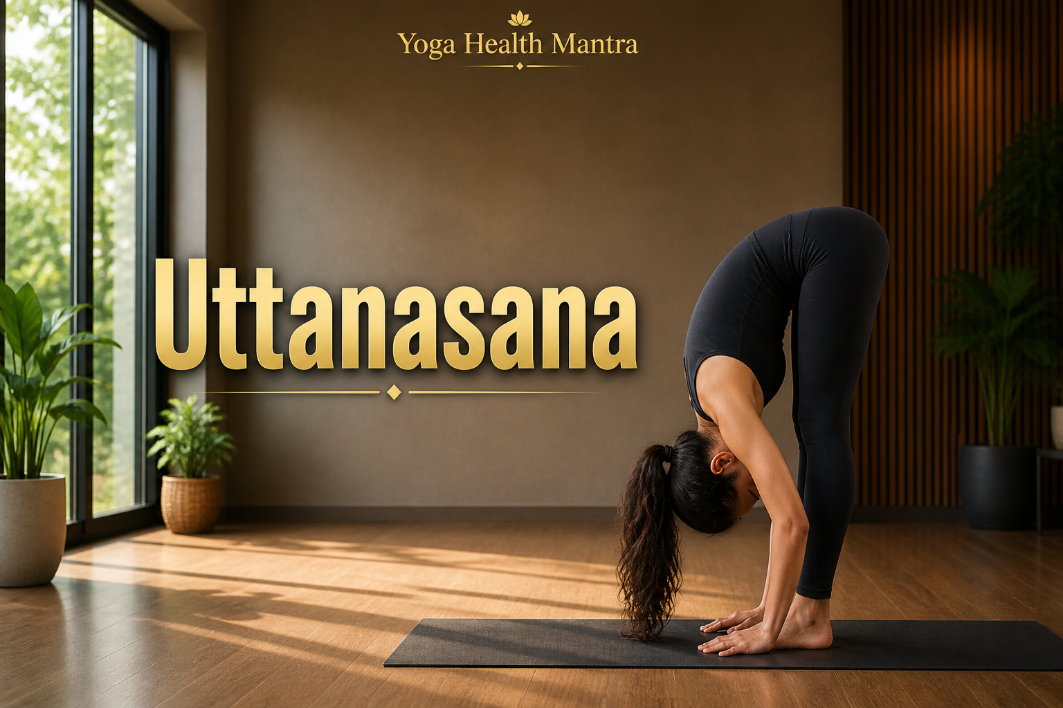 Person performing Uttanasana forward bend yoga pose to improve scalp circulation and support natural hair growth