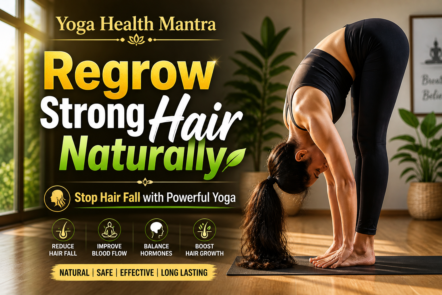 person practicing uttanasana yoga pose for hair growth in indoor studio improving scalp circulation and reducing hair fall naturally
